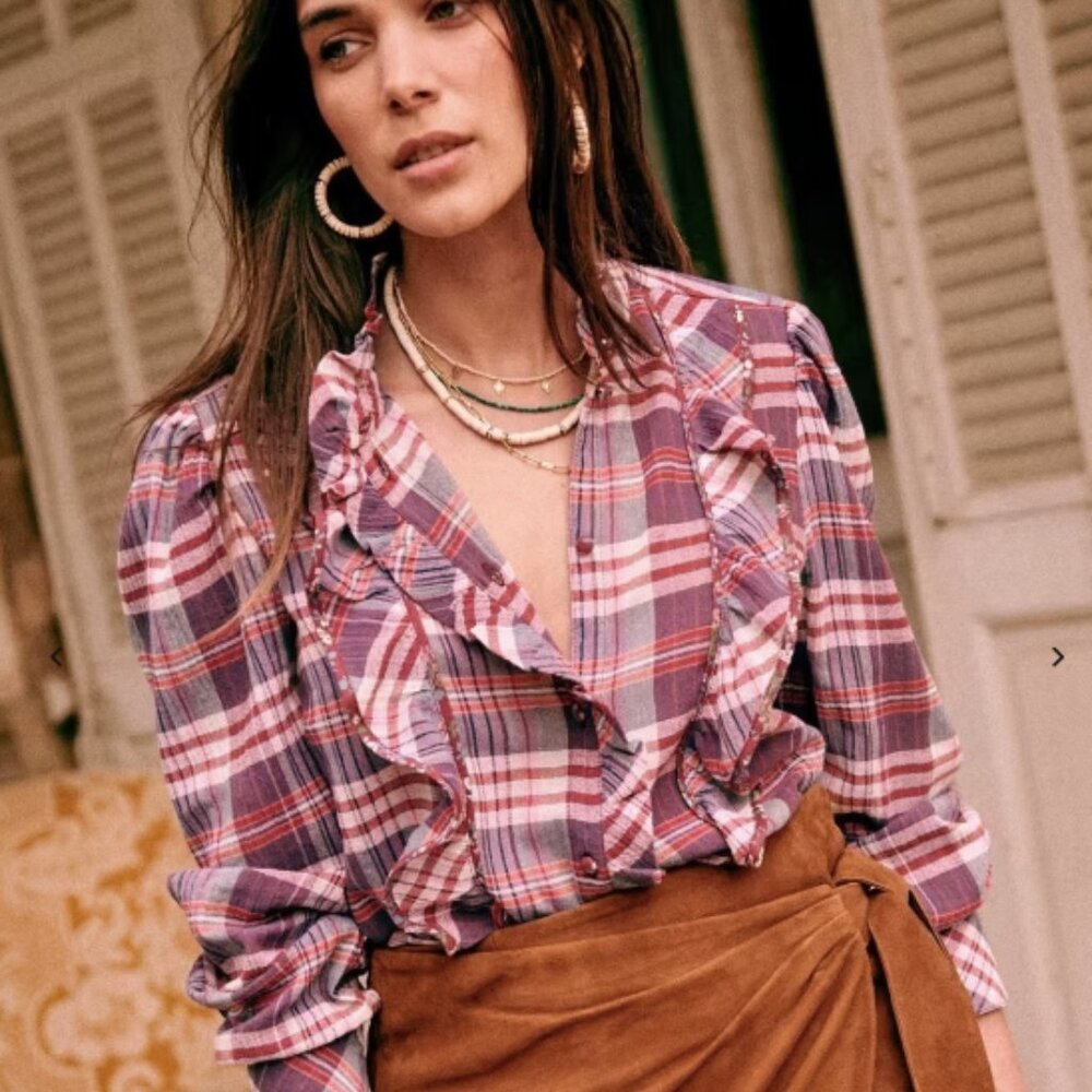 Sezane Purple and White Plaid Ruffle Blouse